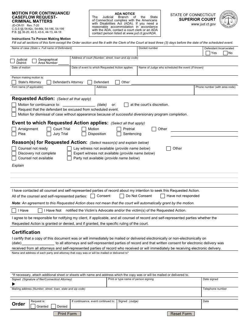 Motion For Continuance Caseflow Request Criminal Matters {JD-CR-51} | Pdf Fpdf Docx | Connecticut