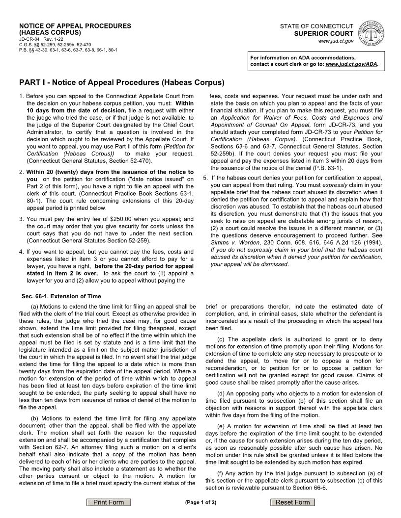 Notice Of Appeal Procedures (Habeas Corpus) {JD-CR-84} | Pdf Fpdf Docx | Connecticut