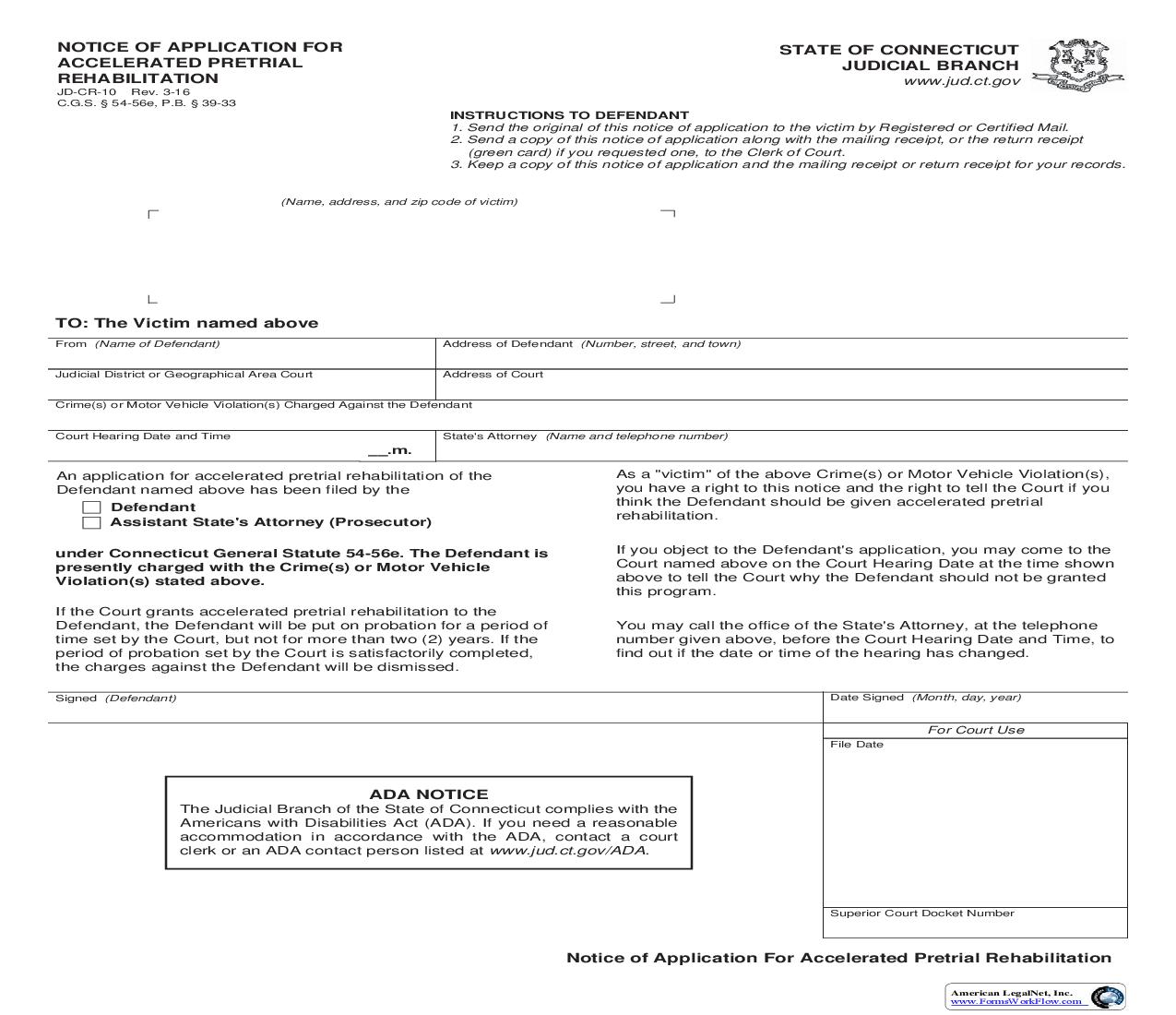 Notice Of Application For Accelerated Pre Trial Rehabilitation {JD-CR-10} | Pdf Fpdf Doc Docx | Connecticut