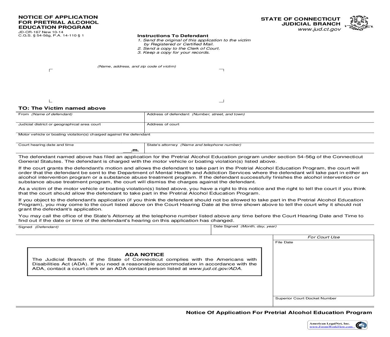 Notice Of Application For Pretrial Alcohol Education Program {JD-CR-167} | Pdf Fpdf Doc Docx | Connecticut