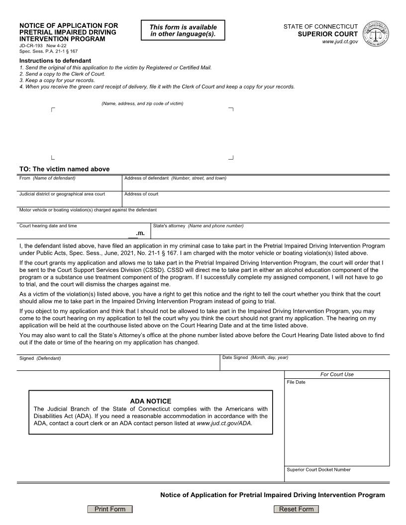 Notice Of Application For Pretrial Impaired Driving Intervention Program {JD-CR-193} | Pdf Fpdf Docx | Connecticut