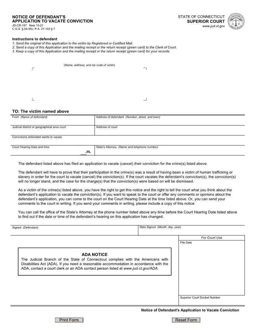 Notice Of Defendants Application To Vacate Conviction {JD-CR-187} | Pdf Fpdf Docx | Connecticut
