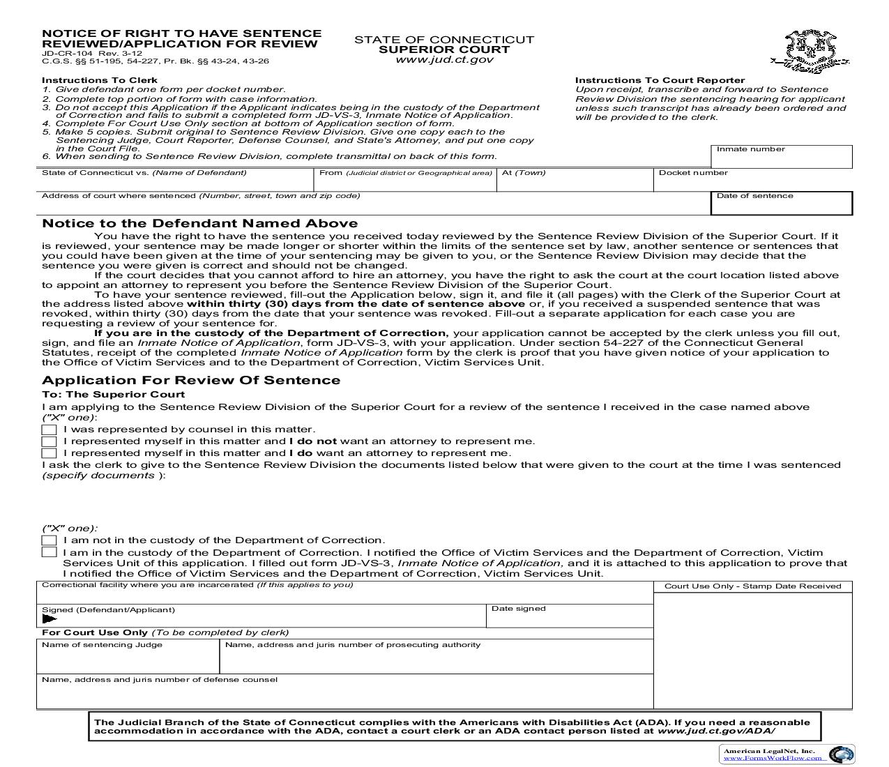 Notice Of Right To Have Sentence Reviewed - Application For Review {JD-CR-104} | Pdf Fpdf Doc Docx | Connecticut
