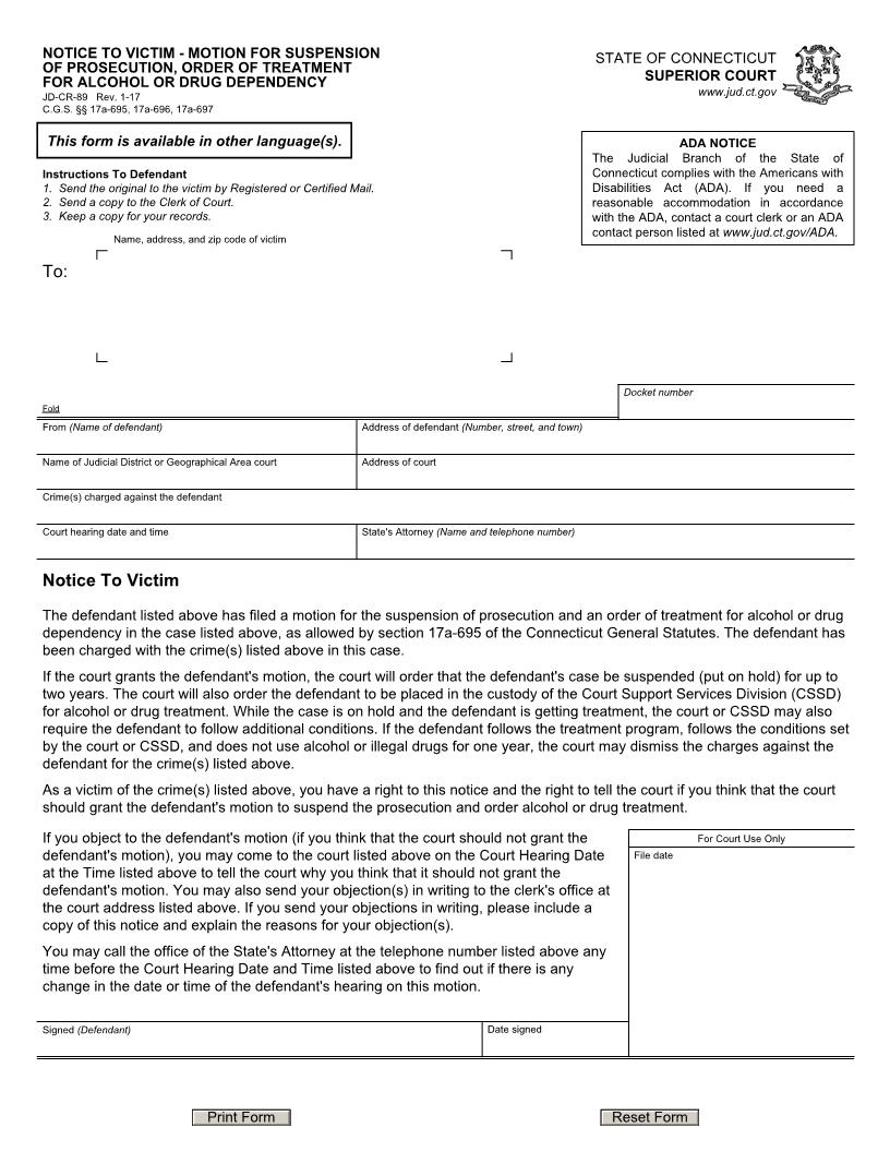 Notice To Victim Motion For Suspension Of Prosecution {JD-CR-89} | Pdf Fpdf Doc Docx | Connecticut