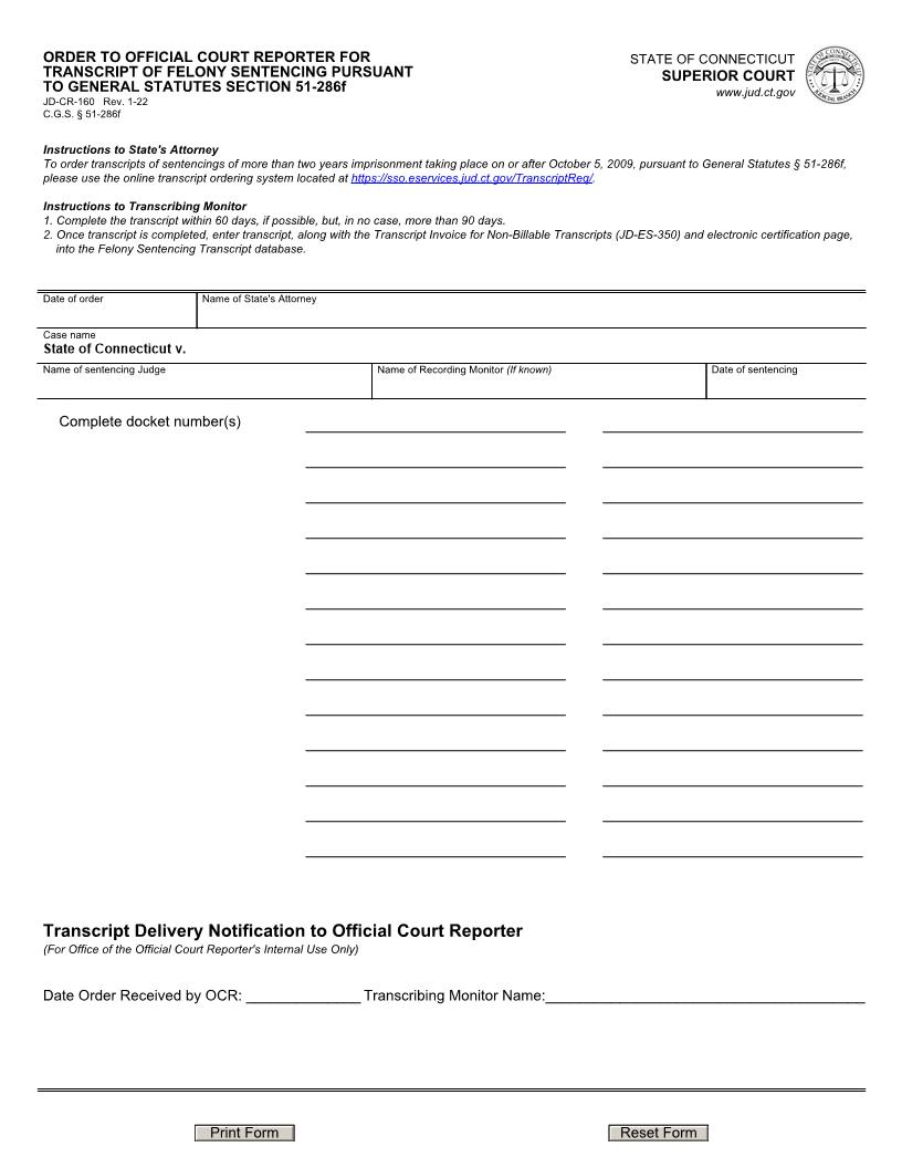 Order To Official Court Reporter For Transcript Of Felony Sentencing {JD-CR-160} | Pdf Fpdf Docx | Connecticut