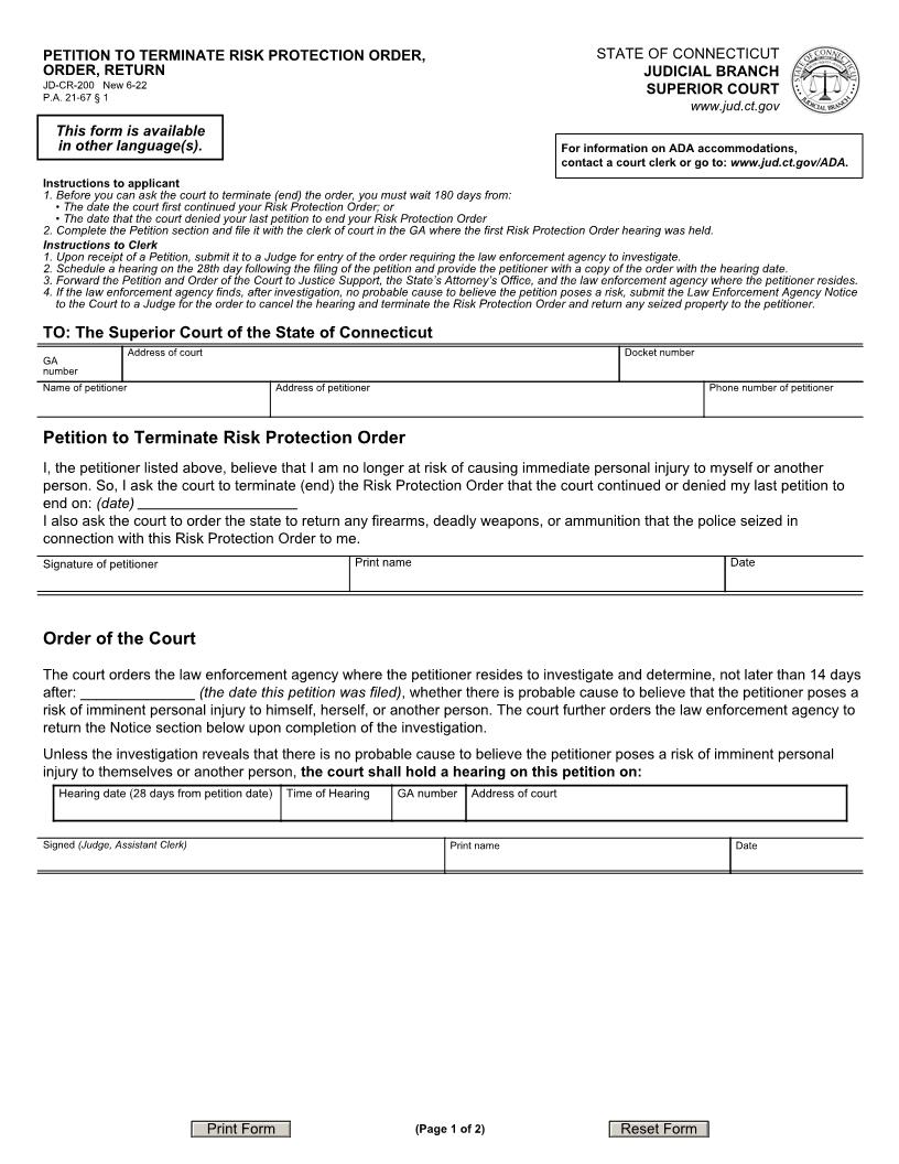 Petition To Terminate Risk Protection Order {JD-CR-200} | Pdf Fpdf Docx | Connecticut