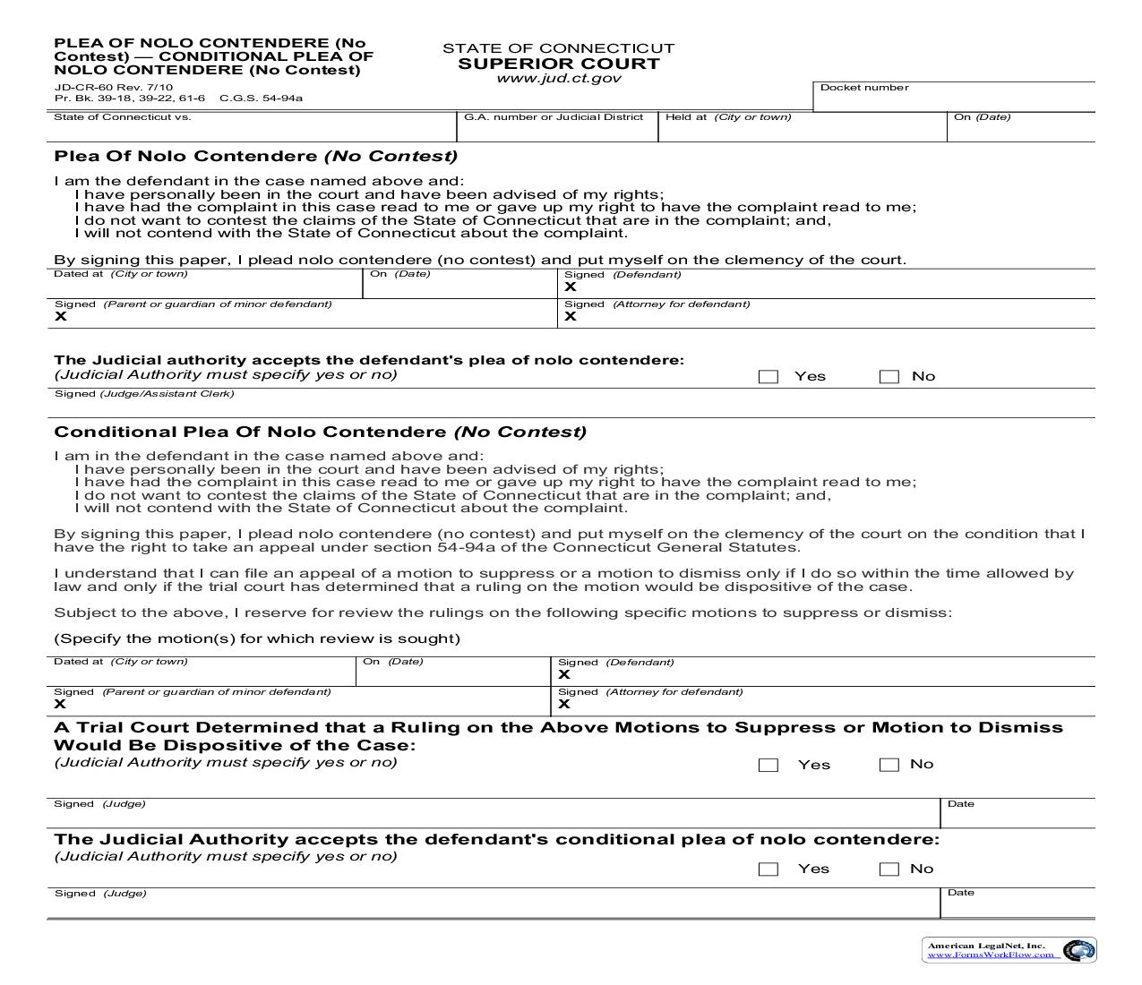Plea Of Nolo Contendere {JD-CR-60} | Pdf Fpdf Doc Docx | Connecticut