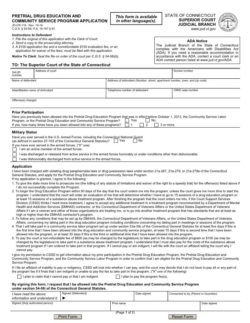 Pre Trial Drug Education And Community Service Program Order {JD-CR-118} | Pdf Fpdf Doc Docx | Connecticut