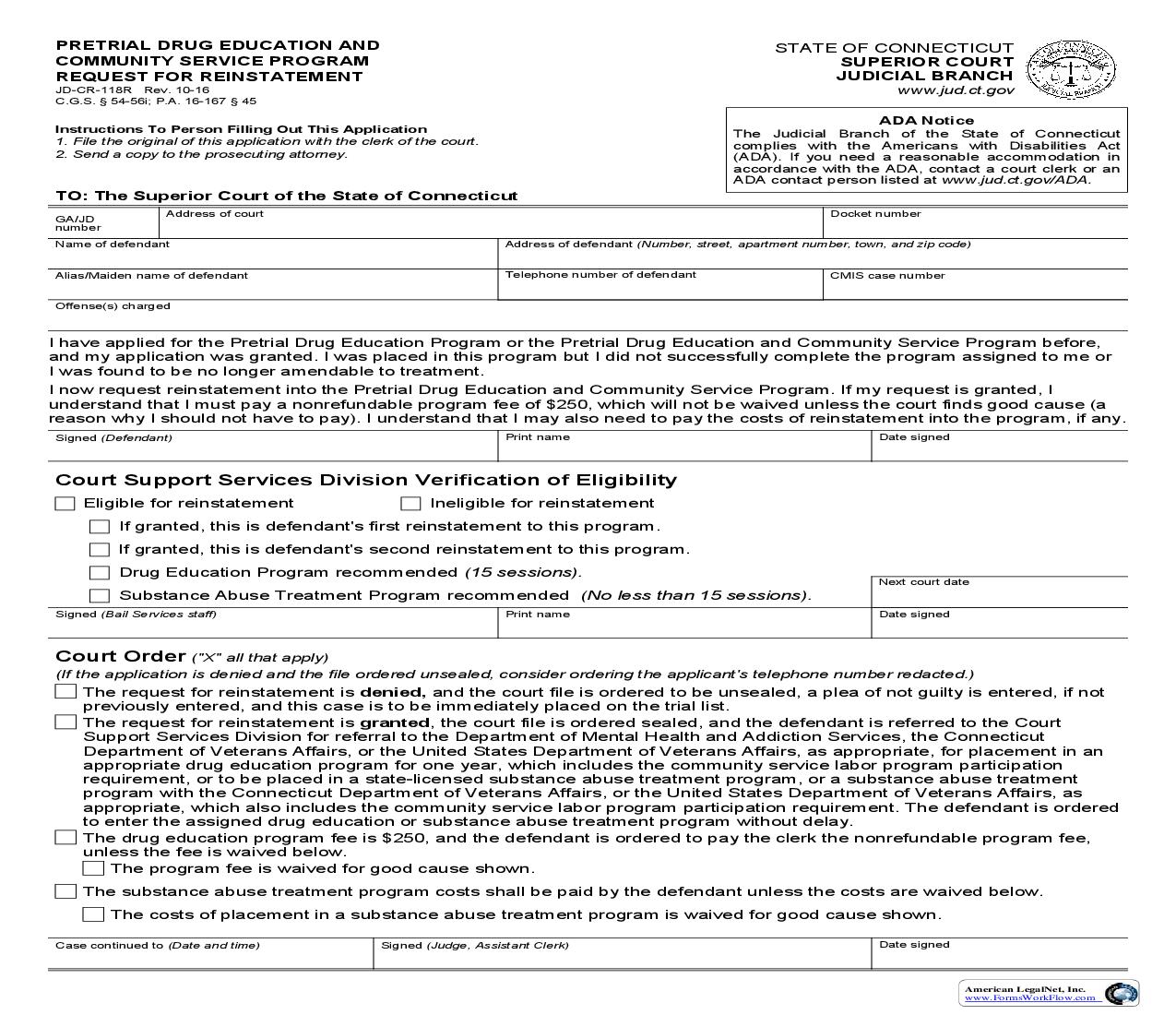 Pre Trial Drug Education Program Request For Reinstatement {JD-CR-118R} | Pdf Fpdf Doc Docx | Connecticut