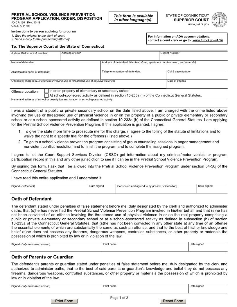 Pre Trial School Violence Prevention Program Application Order Disposition {JD-CR-126} | Pdf Fpdf Doc Docx | Connecticut