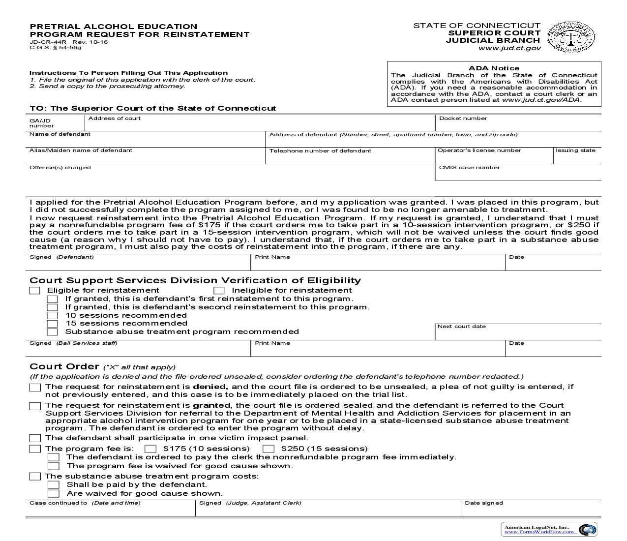 Pretrial Alcohol Education Program Request For Reinstatement {JD-CR-44R} | Pdf Fpdf Doc Docx | Connecticut