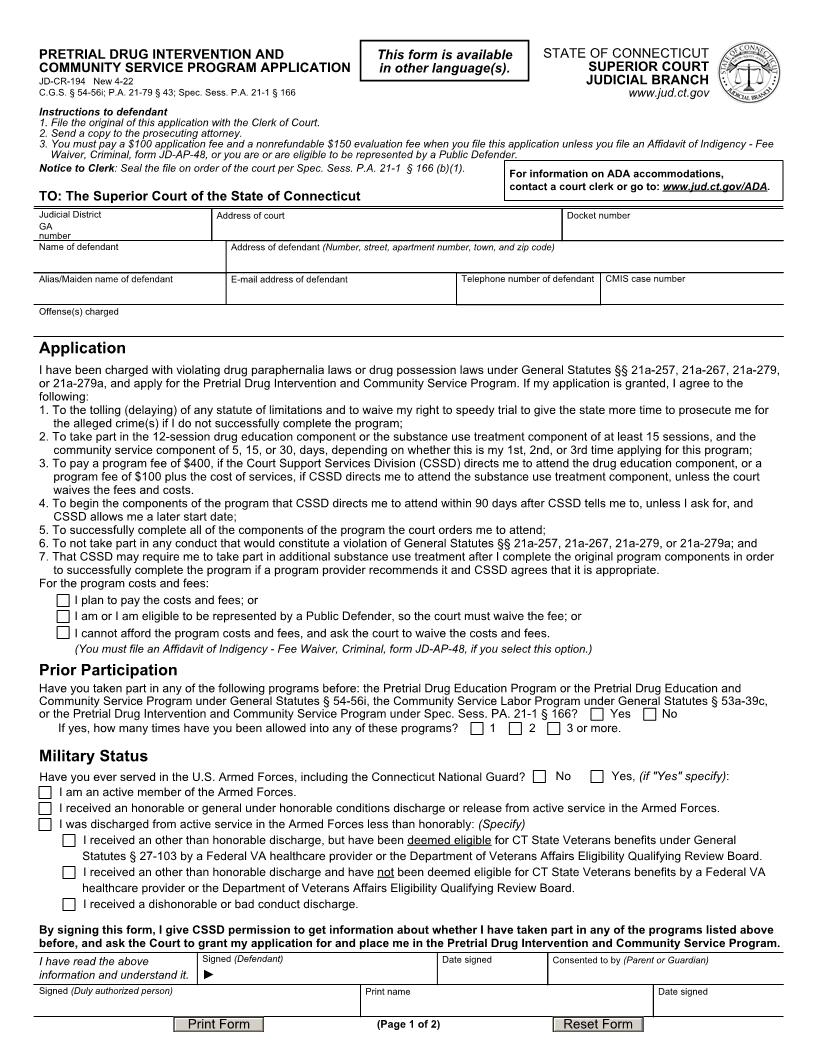 Pretrial Drug Intervention And Community Service Program Application {JD-CR-194} | Pdf Fpdf Docx | Connecticut