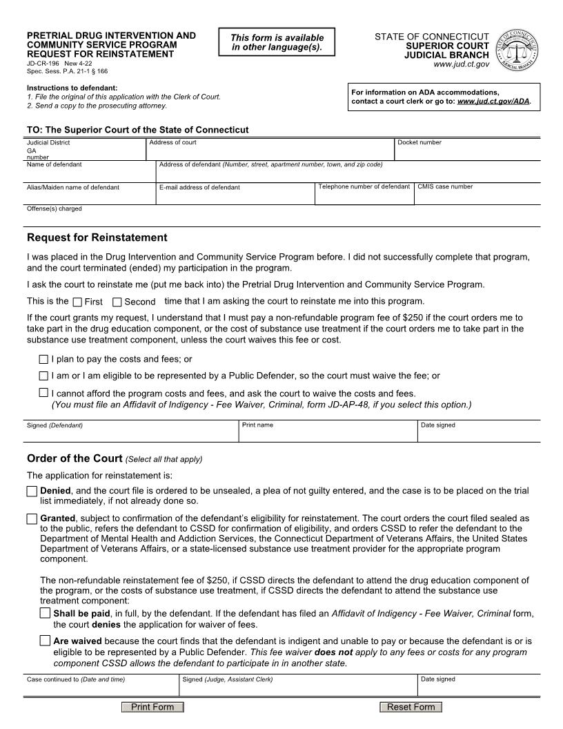 Pretrial Drug Intervention And Community Service Program Request For Reinstatement {JD-CR-196} | Pdf Fpdf Docx | Connecticut