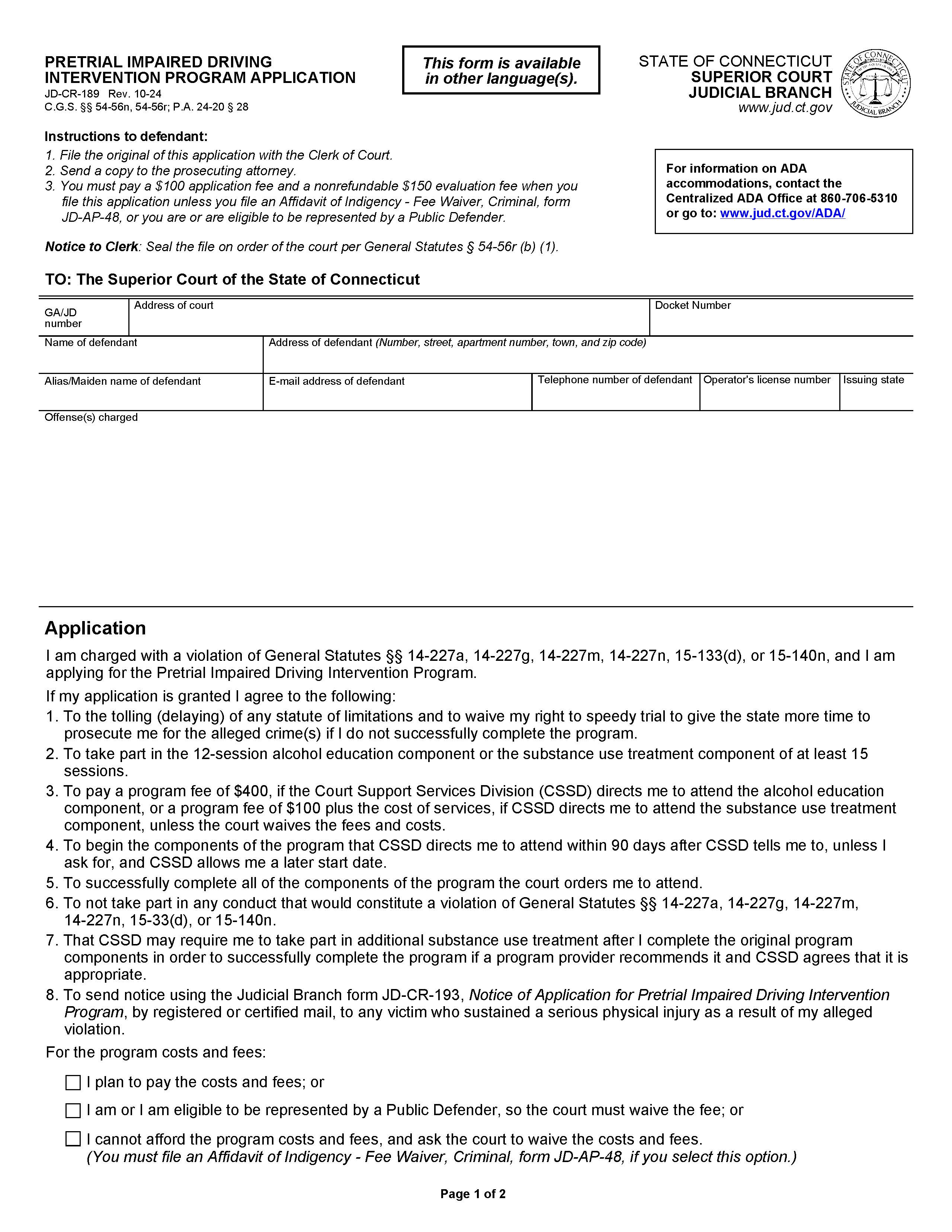 Pretrial Impaired Driving Intervention Program Application {JD-CR-189} | Pdf Fpdf Docx | Connecticut