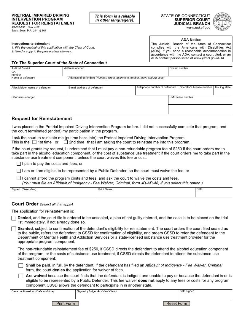 Pretrial Impaired Driving Intervention Program Request For Reinstatement {JD-CR-191} | Pdf Fpdf Docx | Connecticut