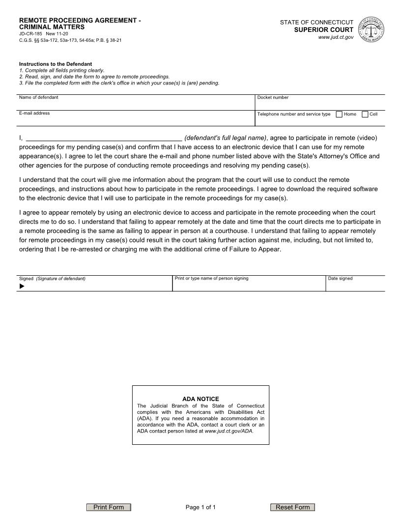 Remote Proceeding Agreement Criminal Matters {JD-CR-185} | Pdf Fpdf Docx | Connecticut