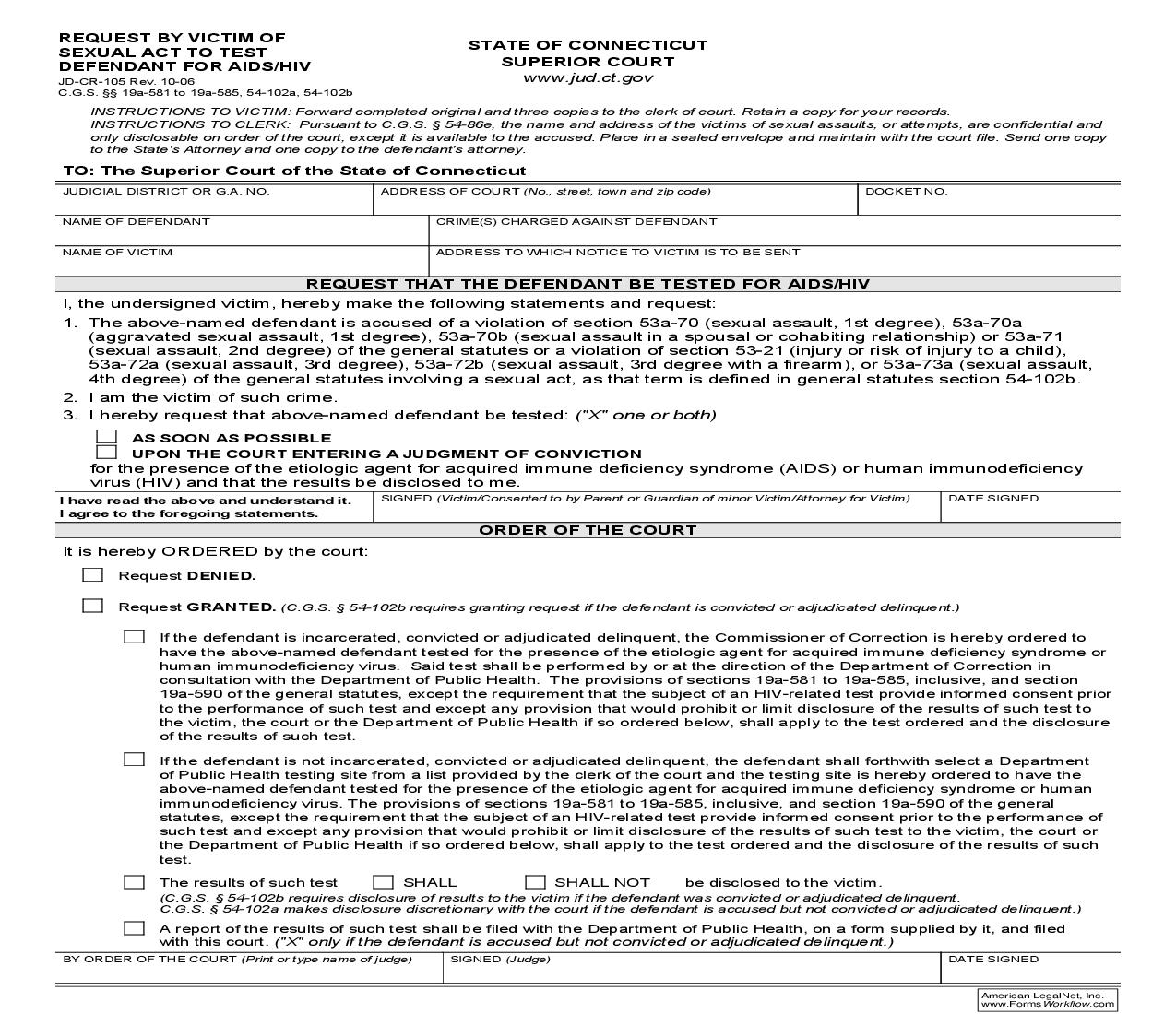 Request By Victim Of Sexual Act To Test Defendant For AIDS Or HIV {JD-CR-105} | Pdf Fpdf Doc Docx | Connecticut