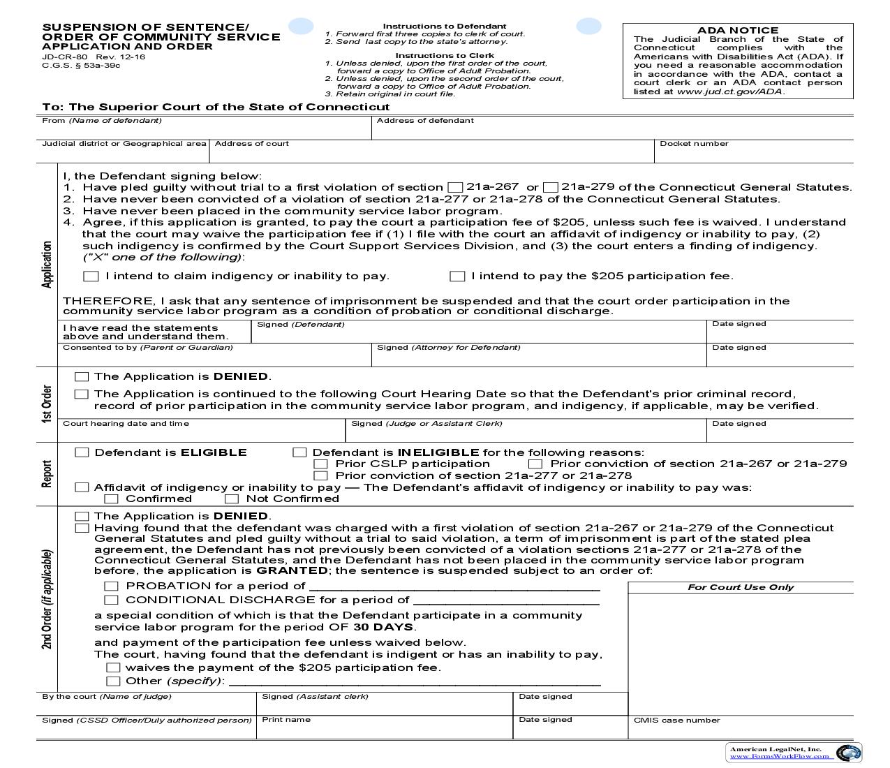 Suspension Of Sentence Or Order Of Community Service - Application And Order {JD-CR-80} | Pdf Fpdf Doc Docx | Connecticut