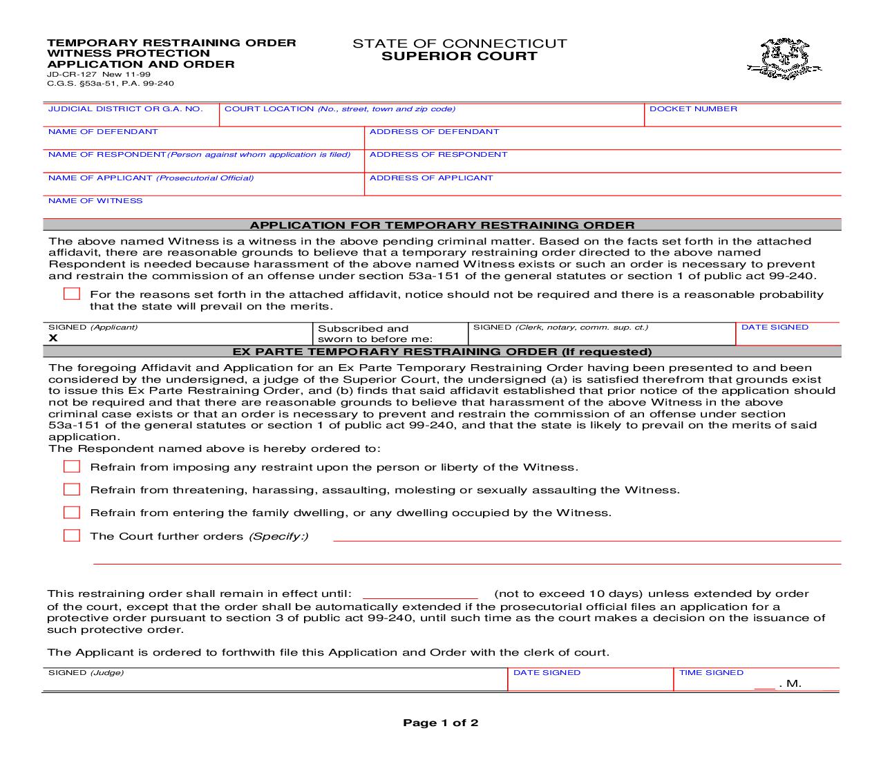 Temporary Restraining Order Witness Protection Application And Order {JD-CR-127} | Pdf Fpdf Doc Docx | Connecticut