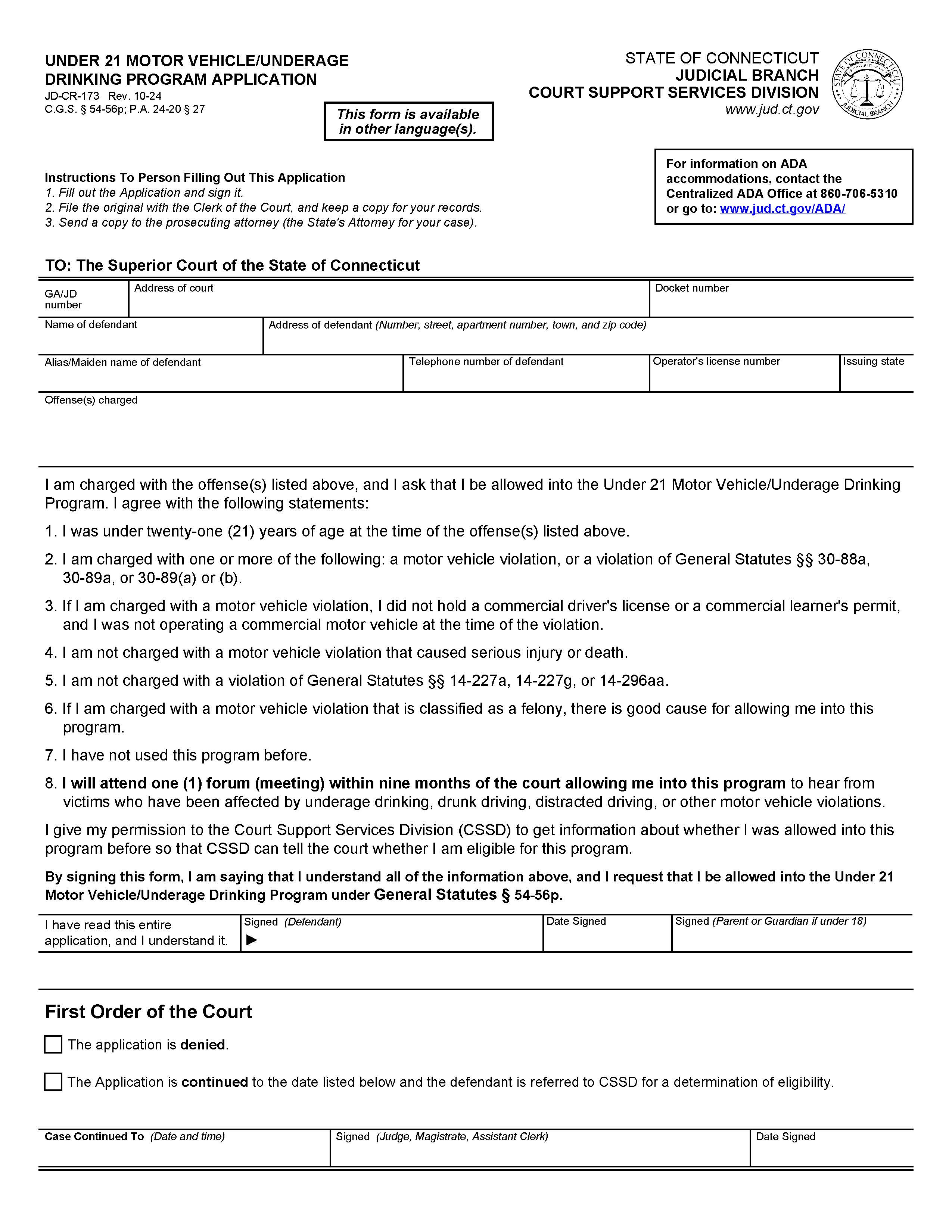 Under 21 Motor Vehicle Underage Drinking Program Application {JD-CR-173} | Pdf Fpdf Docx | Connecticut