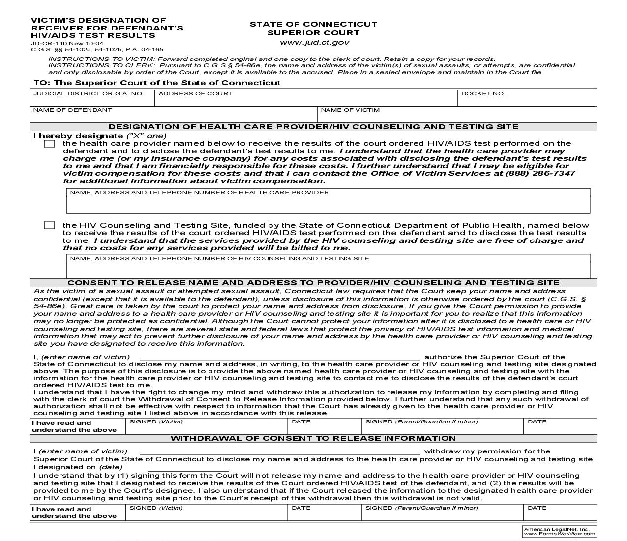 Victims Designation Of Receiver For Defendants HIV Or AIDS Test Results {JD-CR-140} | Pdf Fpdf Doc Docx | Connecticut