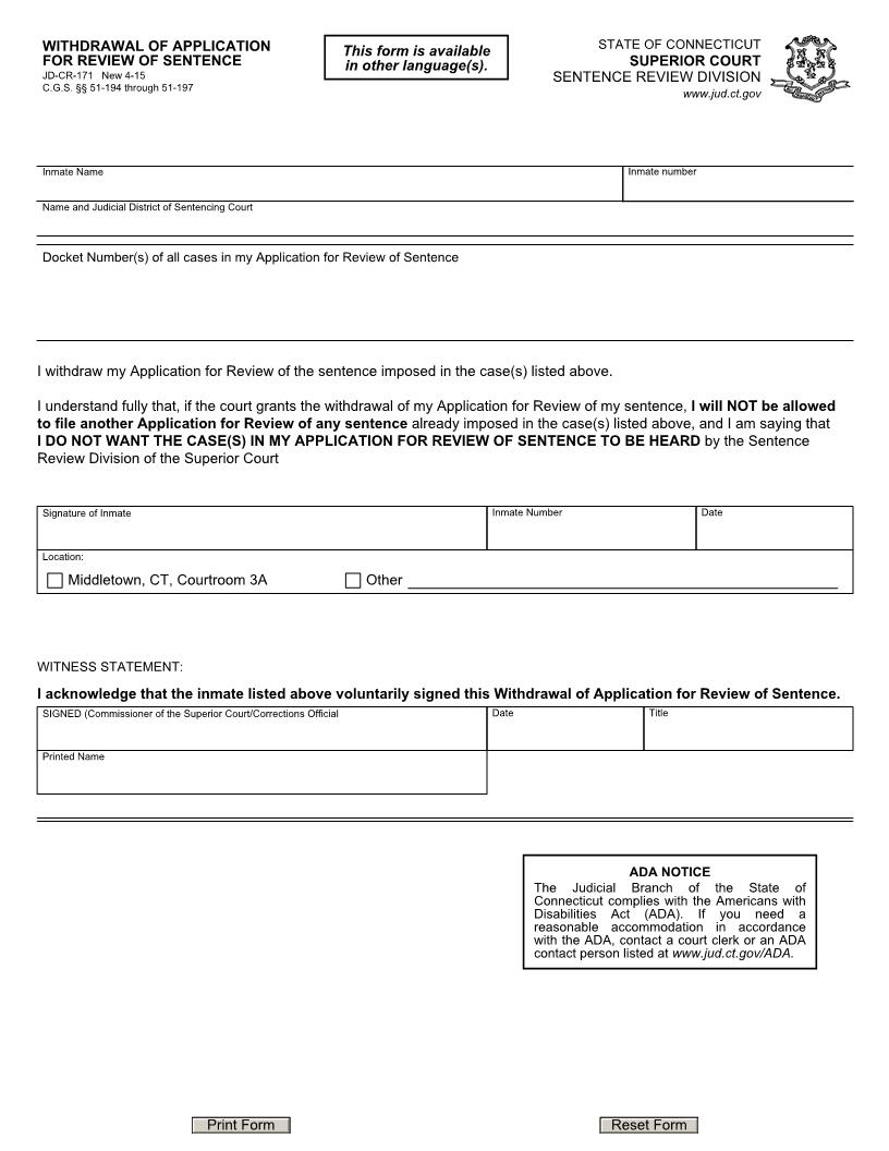 Withdrawal Of Application For Review Of Sentence {JD-CR-171} | Pdf Fpdf Doc Docx | Connecticut