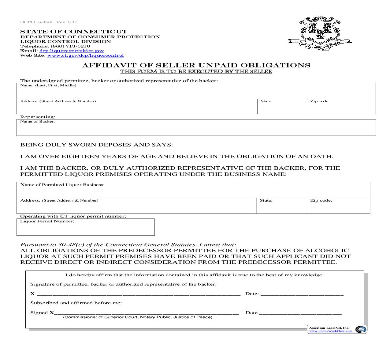 Affidavit Of Seller Unpaid Obligations | Pdf Fpdf Doc Docx | Connecticut