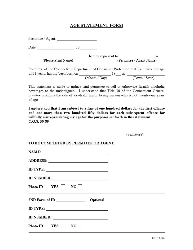 Age Statement Form | Pdf Fpdf Docx | Connecticut