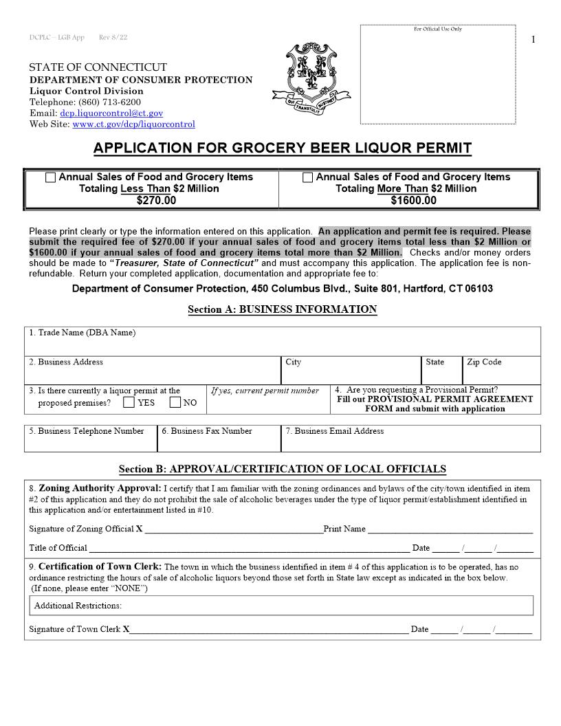 Application For Grocery Beer Liquor Permit | Pdf Fpdf Doc Docx | Connecticut