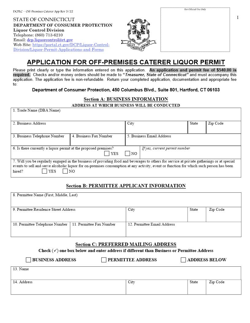 Application For Off-Premises Caterer Liquor Permit | Pdf Fpdf Doc Docx | Connecticut