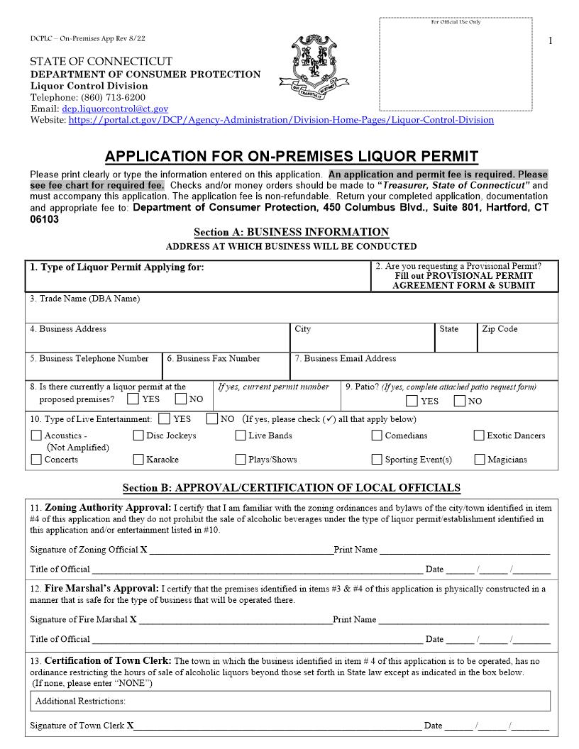 Application For On Premise Liquor Permit | Pdf Fpdf Doc Docx | Connecticut