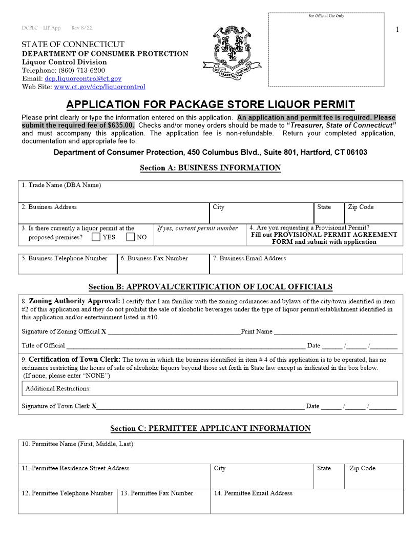 Application For Package Store Liquor Permit | Pdf Fpdf Doc Docx | Connecticut
