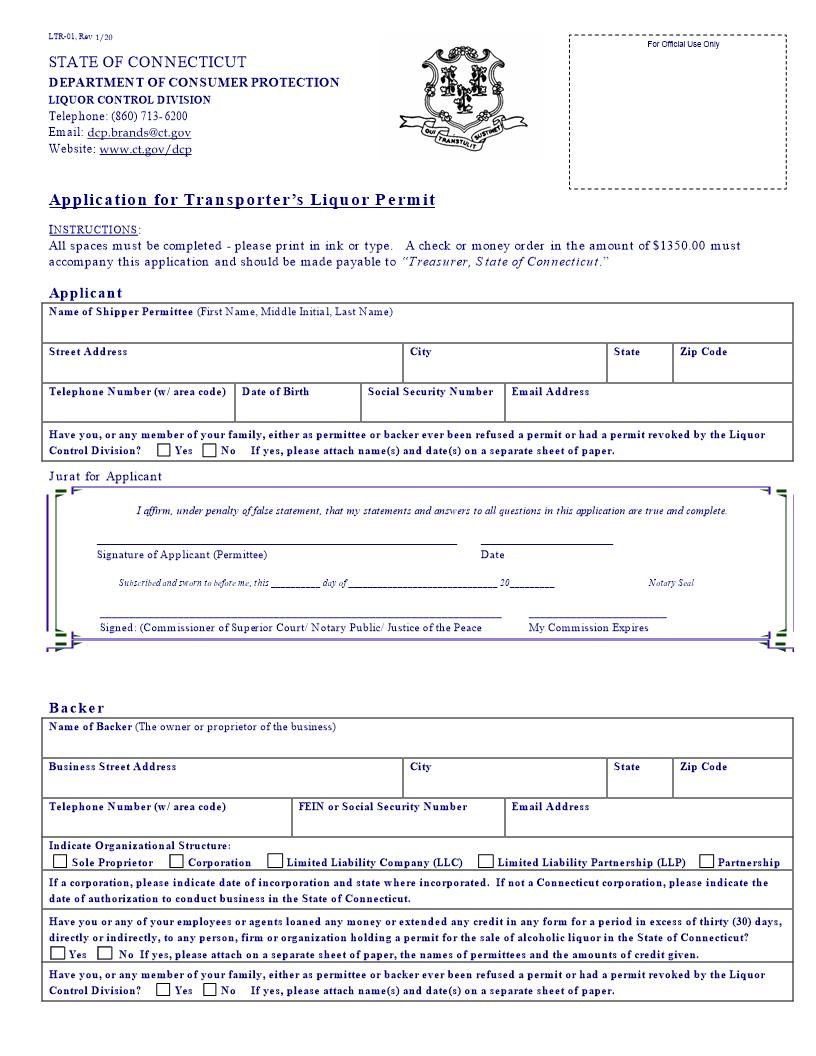 Application For Transporters Liquor Permit {CPLTR-01} | Pdf Fpdf Doc Docx | Connecticut