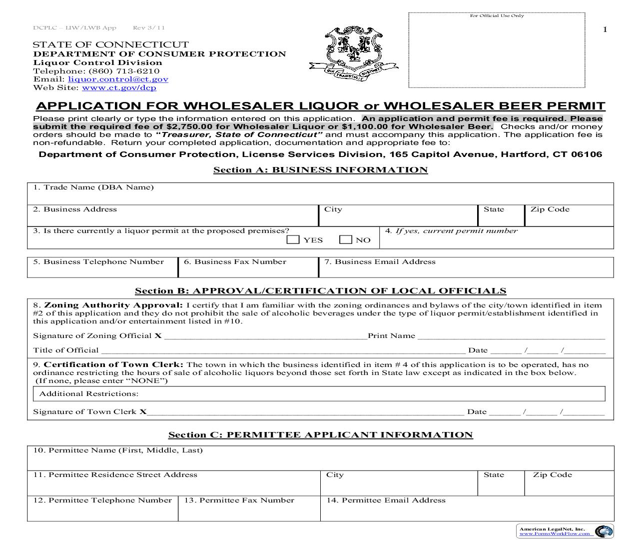 Application For Wholesaler Liquor Or Wholesaler Beer Permit | Pdf Fpdf Doc Docx | Connecticut
