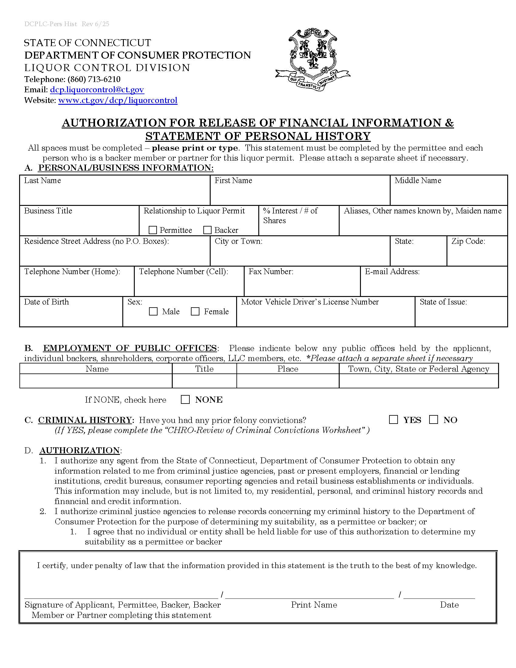 Authorization For Release Of Financial Information And Statement Of Personal History | Pdf Fpdf Doc Docx | Connecticut