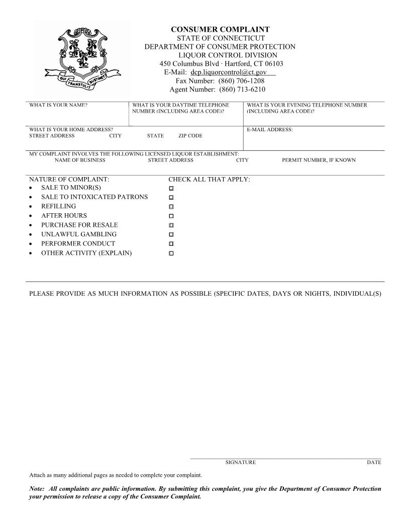 Consumer Complaint | Pdf Fpdf Doc Docx | Connecticut
