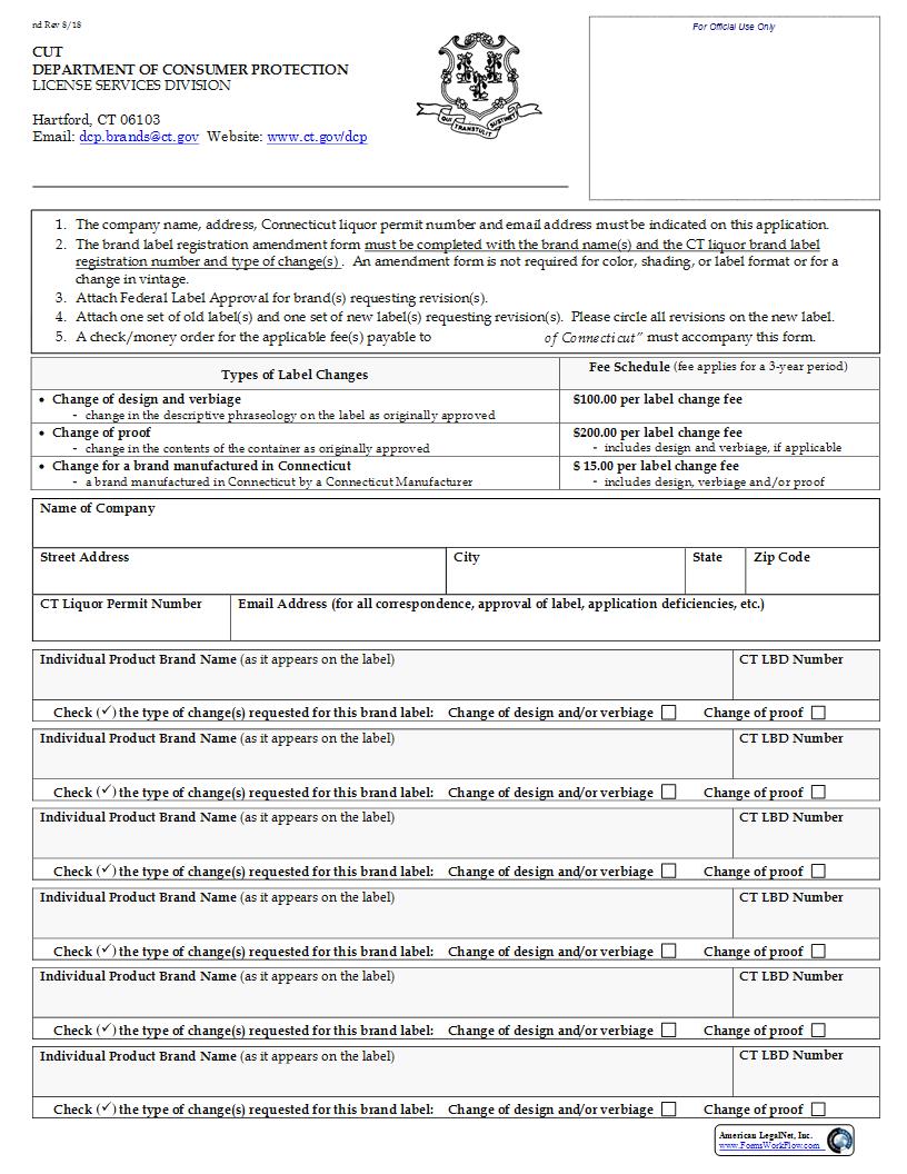 Liquor Brand Label Registration Amendment Form | Pdf Fpdf Docx | Connecticut
