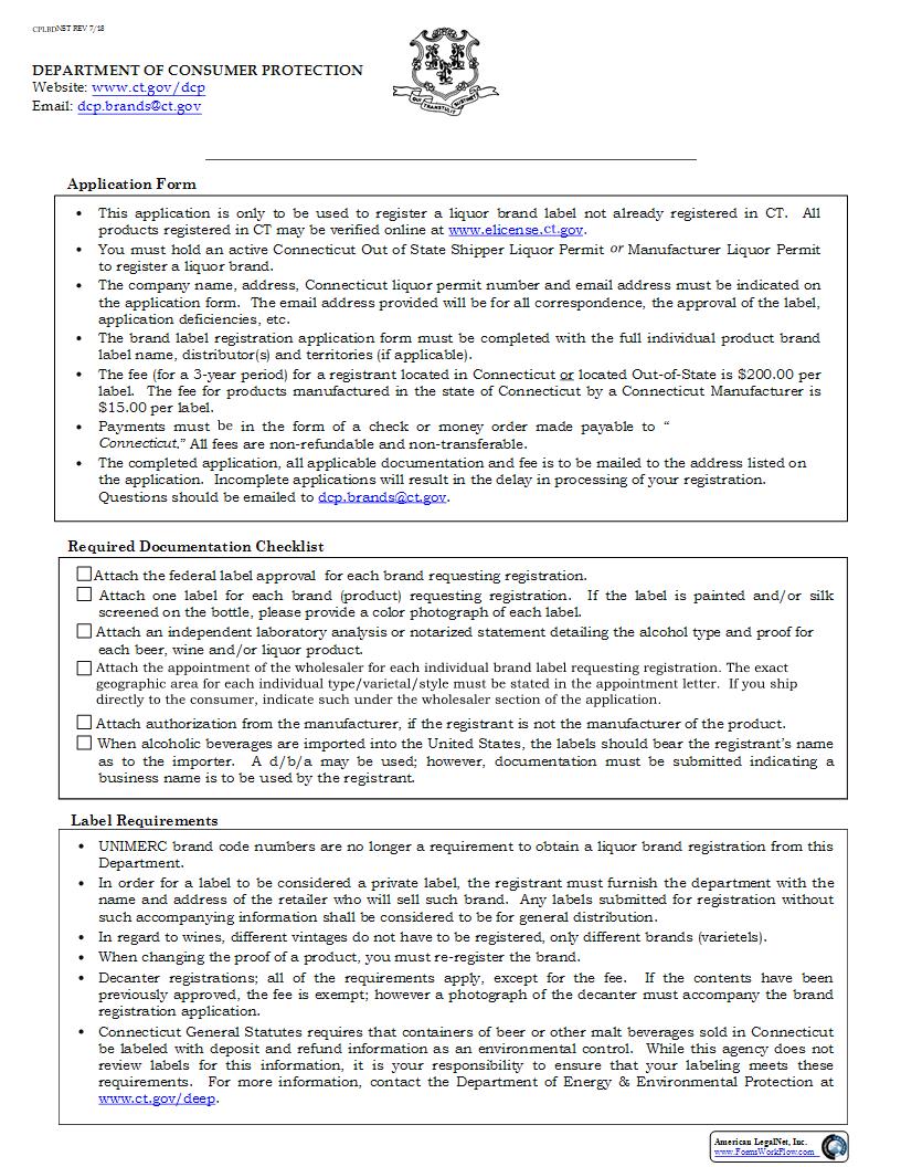 Liquor Brand Label Registration Application | Pdf Fpdf Docx | Connecticut