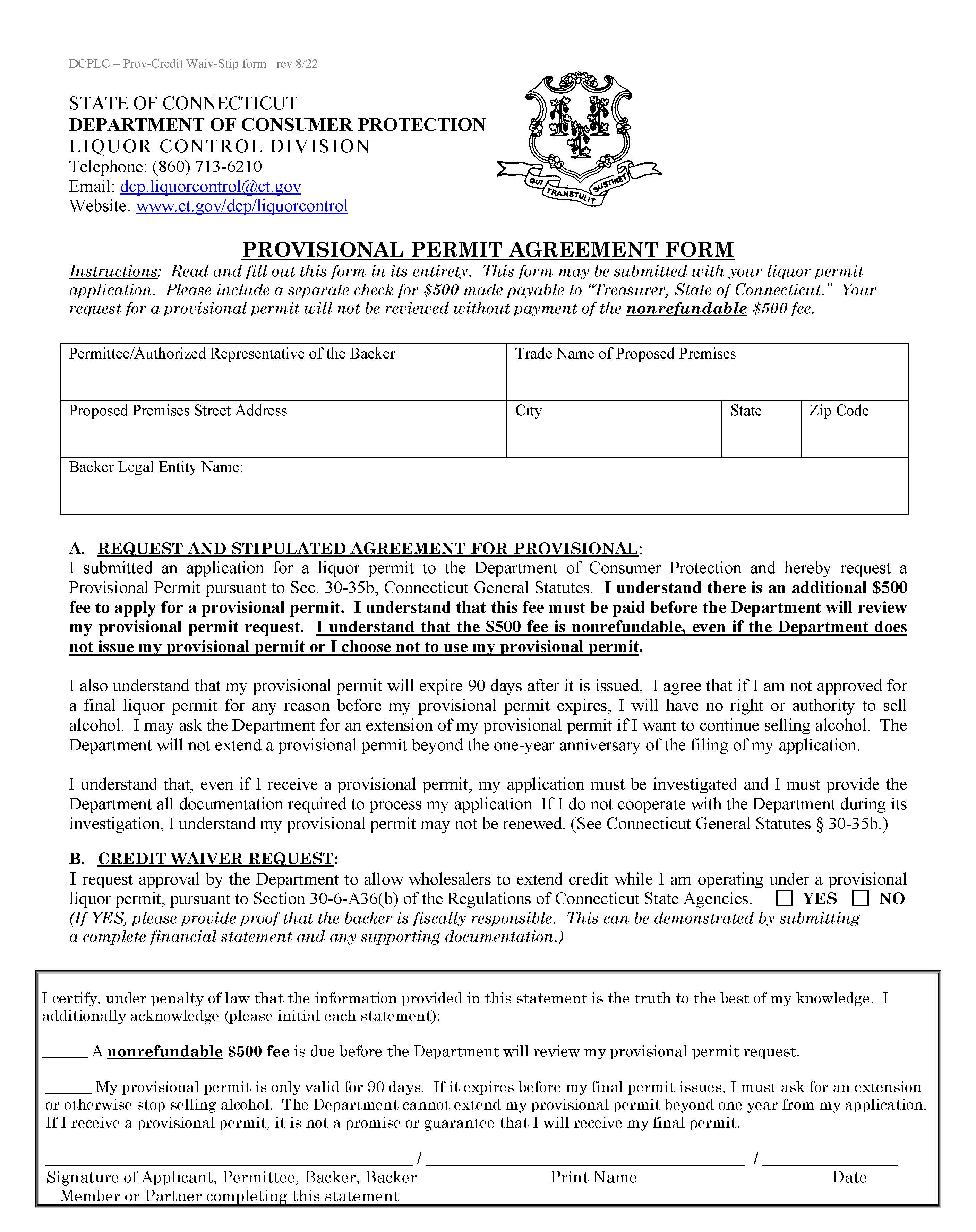 Provisional Permit Agreement  | Pdf Fpdf Doc Docx | Connecticut