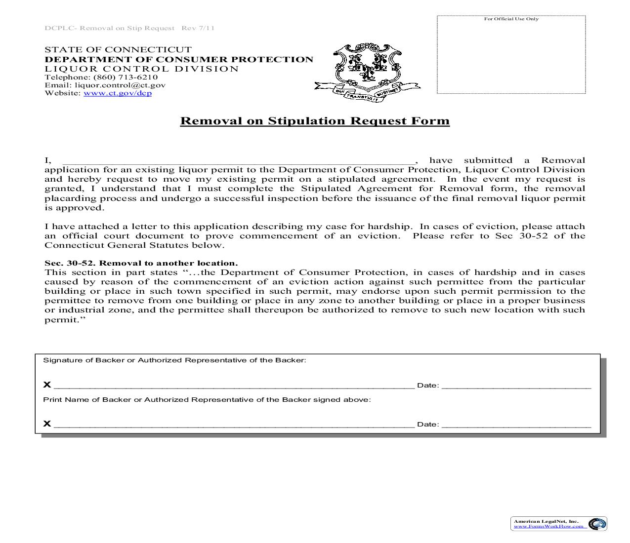 Removal On Stipulation Request Form | Pdf Fpdf Doc Docx | Connecticut
