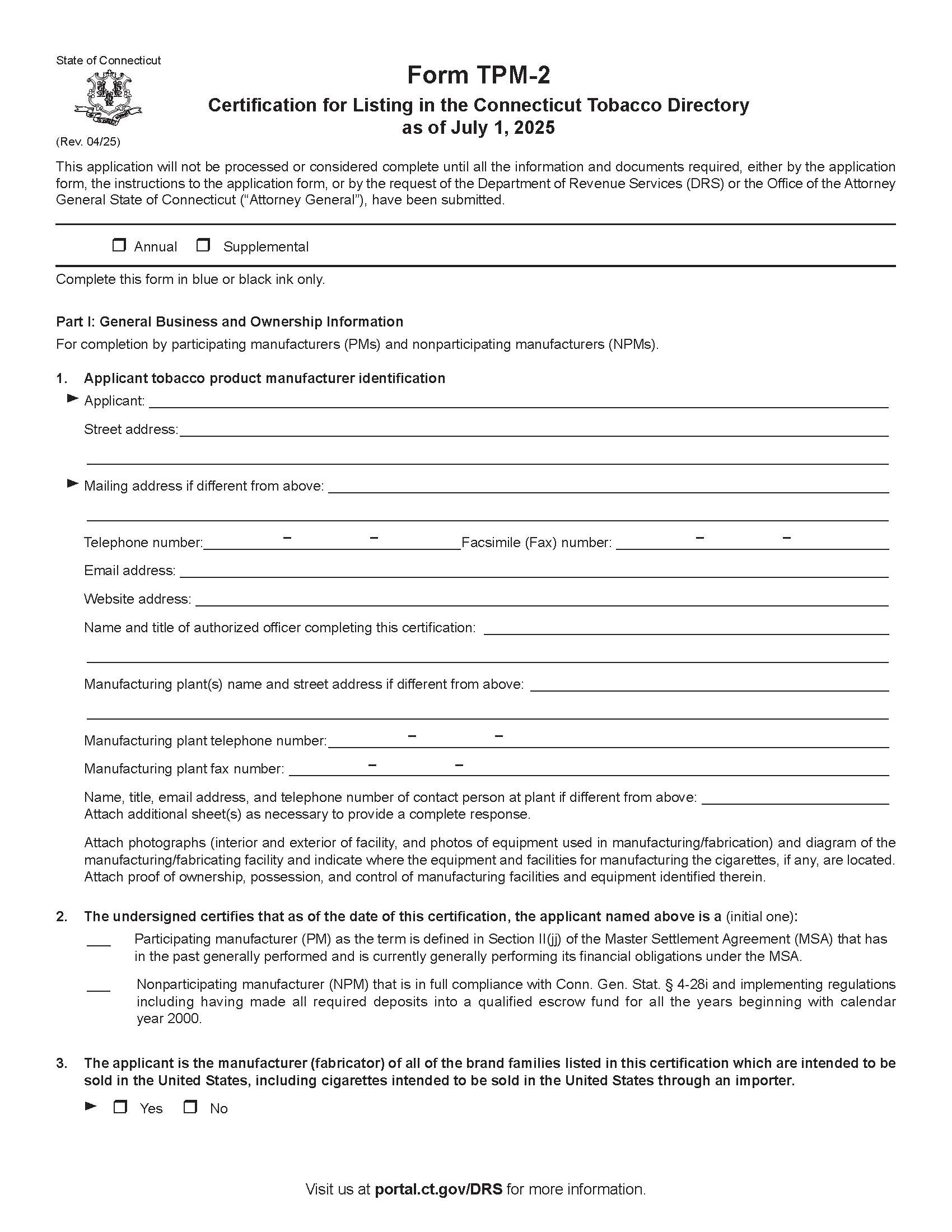 Certification For Listing In The Connecticut Tobacco Directory {TPM-2} | Pdf Fpdf Docx | Connecticut