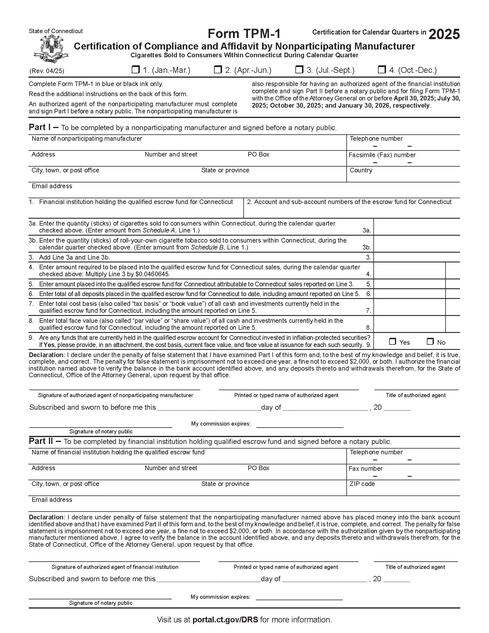 Certification Of Compliance And Affidavit By Nonparticipating Manufacturer {TPM-1} | Pdf Fpdf Docx | Connecticut