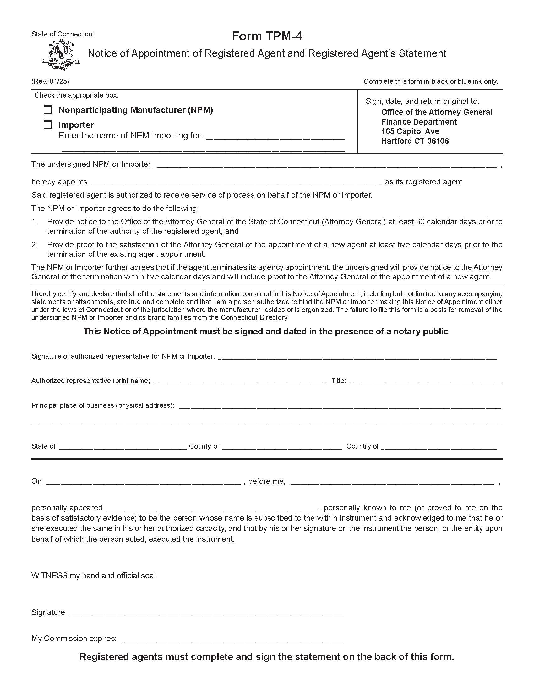 Notice Of Appointment Or Registered Agent And Registered Agents Statement {TPM-4} | Pdf Fpdf Doc Docx | Connecticut