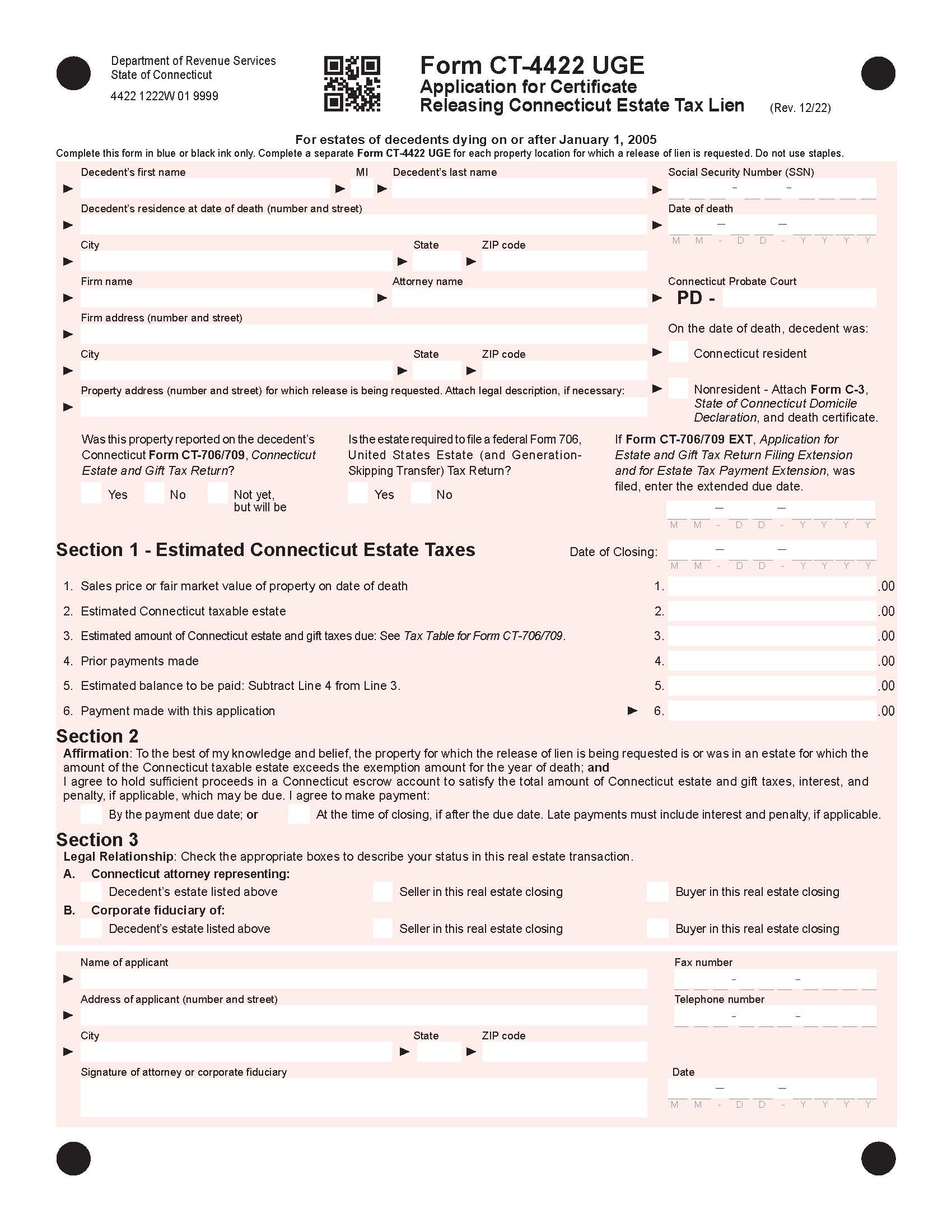 Application For Certificate Releasing Estate Tax Lien {CT-4422 UGE} | Pdf Fpdf Doc Docx | Connecticut
