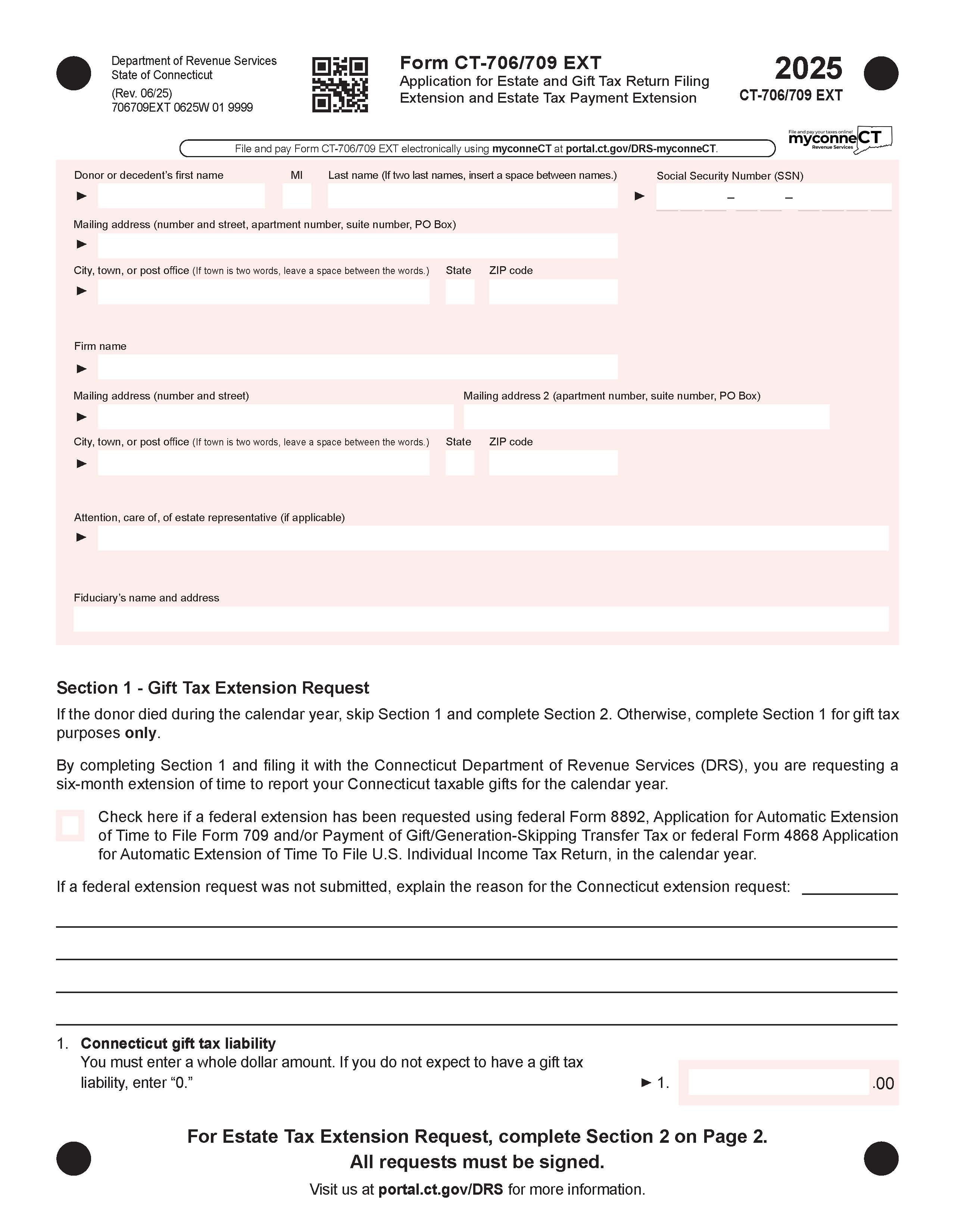 Application For Estate and Gift Tax Return Filing Extension And For Estate Tax {CT-706 709 EXT} | Pdf Fpdf Docx | Connecticut
