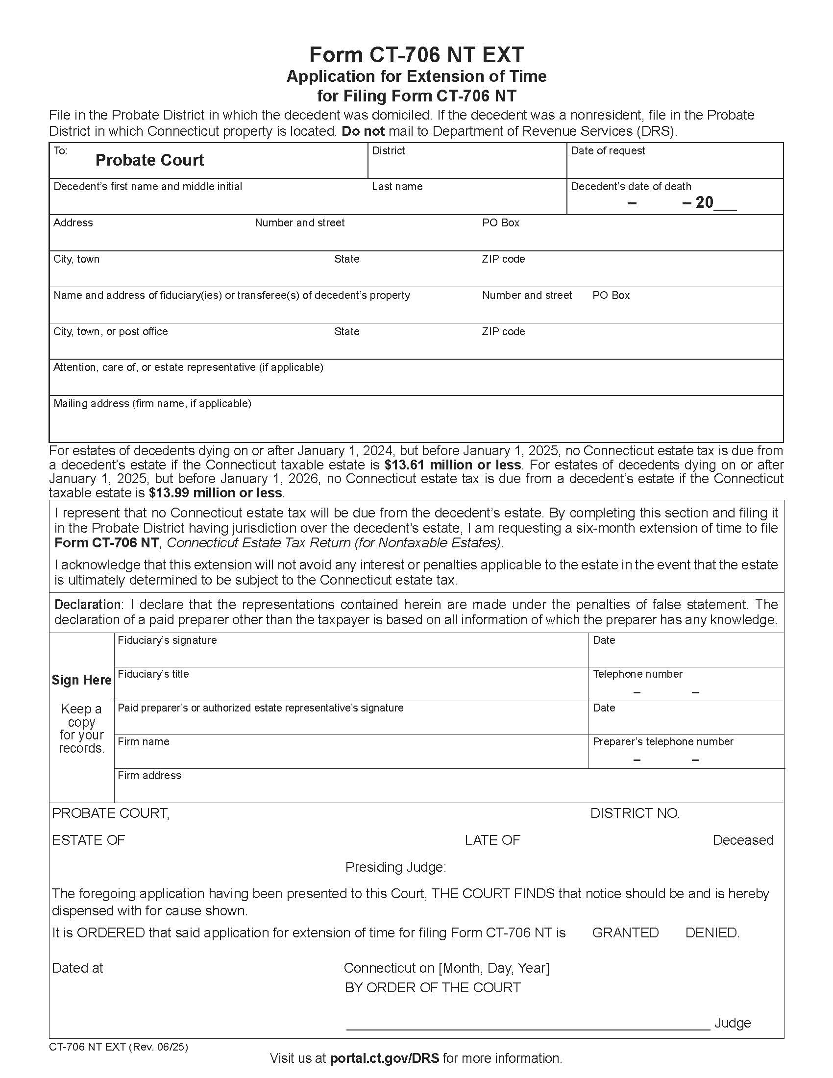 Application For Extension Of Time For Filing Form CT-706 NT {CT-706 NT EXT} | Pdf Fpdf Docx | Connecticut