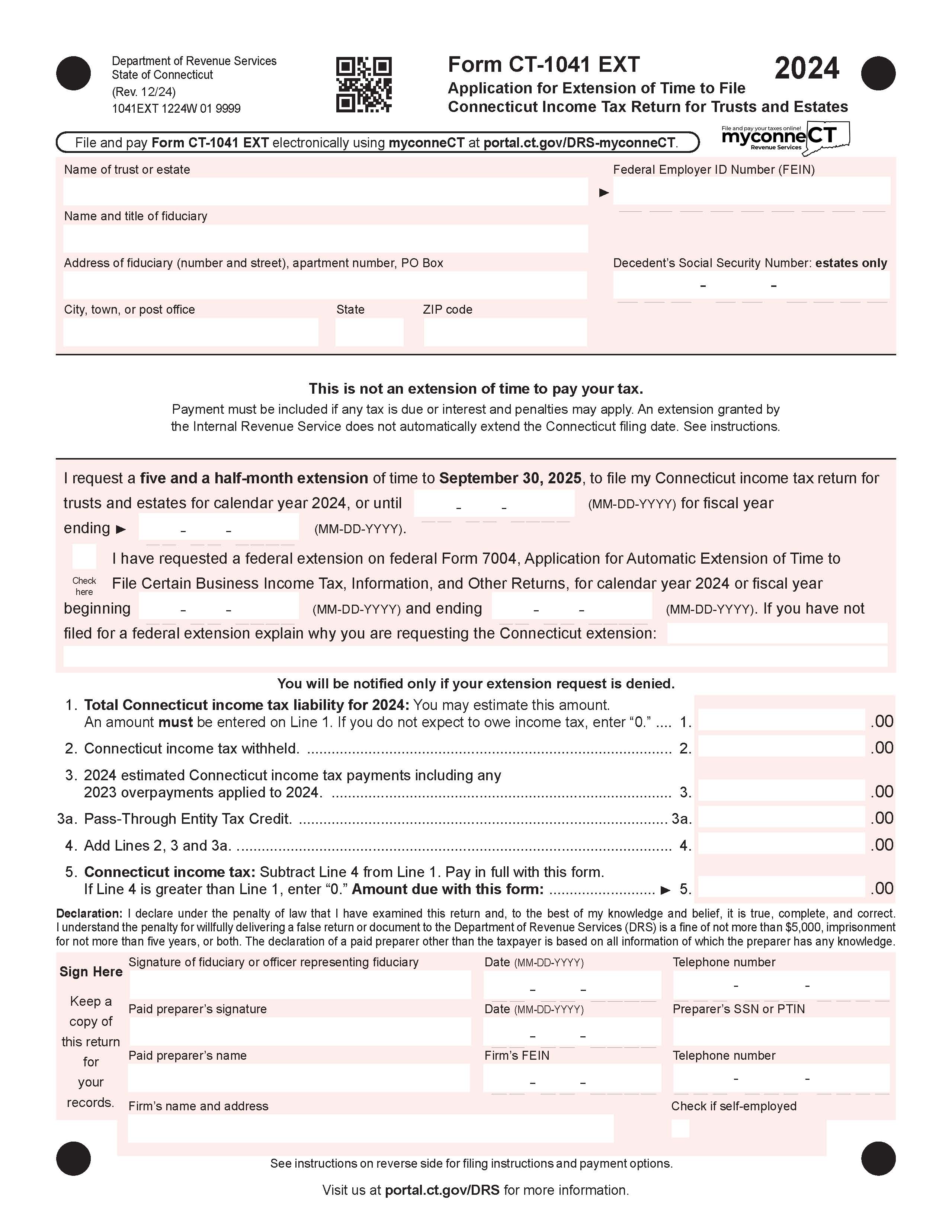 Application For Extension Of Time To File Tax Return {CT-1041 EXT} | Pdf Fpdf Docx | Connecticut