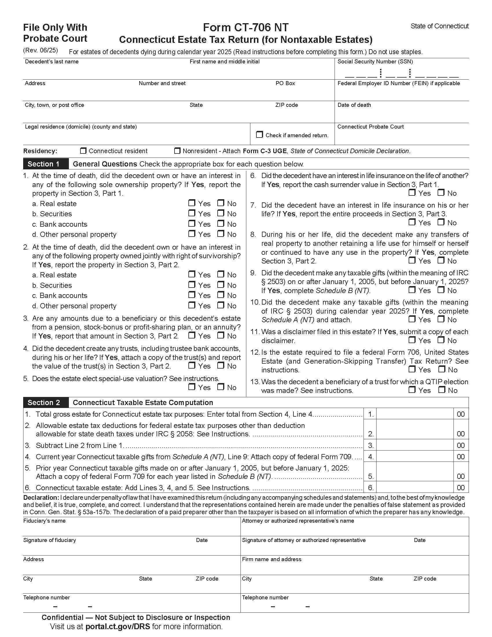 Connecticut  Estate Tax Return (Nontaxable Estates) {CT-706 NT} | Pdf Fpdf Docx | Connecticut