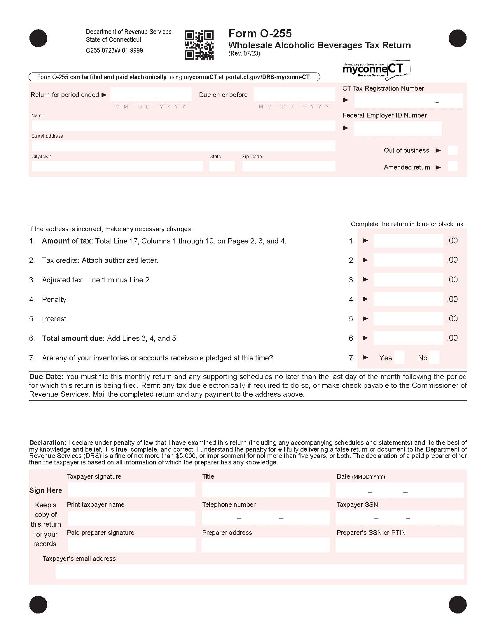 Wholesale Alcoholic Beverage Tax Return {O-255} | Pdf Fpdf Docx | Connecticut