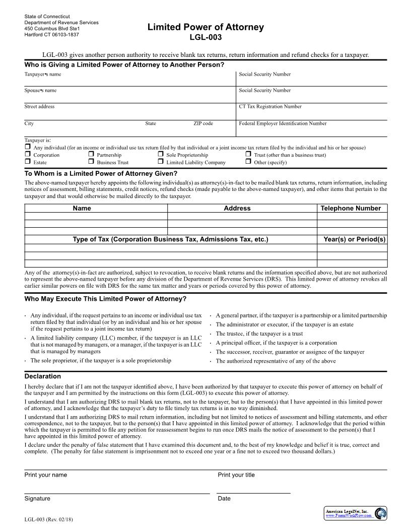 Limited Power Of Attorney {LGL-003} | Pdf Fpdf Docx | Connecticut